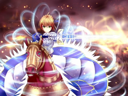 Saber - sword, horse, cool, power, fate stay night, anime, anime girl, dress, warrior, blonde hair, saber