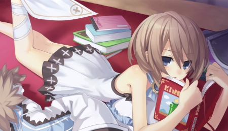 Reading - anime girl, lovel, reading, dress, books, brown hair, short hair, blue eye, cute, nice, lie