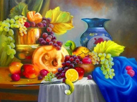 Still life - pretty, melon, plenty, leaves, plum, yummy, nice, fruits, art, vegetables, grape, beautiful, lovely, still life, appricot, peach, berries, colorful, painting, lemon