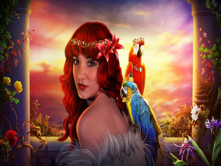 Enchanted Place - dream, place, lady, parrots