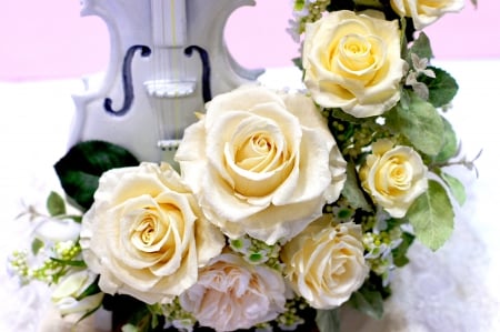 TENDER RHYTHM - photograph, roses, music, instrument, white, violin