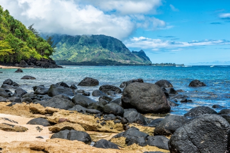 Beach overlooking Bali High Kauai Hawaii - beach and ocean - beach, ocean, princeville, kauai, hawaii, bali high, rocks, polynesia, view, island, sea, sand