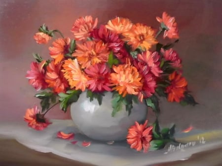 Lovely chrysanthemums - pretty, chrysanthemums, leaves, flowers, elegance, red, garden, nice, art, vase, delicate, beautiful, lovely, freshness, still life, bouquet, harmony, painting, tender