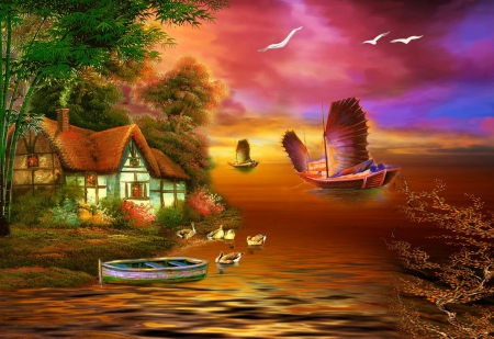 Dreamy world - birds, magic, cabin, boat, sailing, shore, fairytale, lake, nice, enchanted, art, cottage, sky, clouds, house, trees, water, beautiful, pond, lovely, dreams, colorful, river, fantasy, nature, world, lights, painting, fiery, dreamy