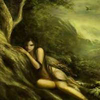 Fantasy Woman sitting against tree