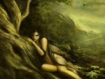 Fantasy Woman sitting against tree