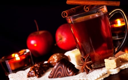 Tea - apple, drink, candles, candy, candle, cinnamon, apples, tea, chocolate, sugar, drinks