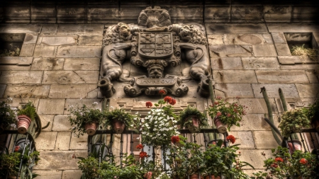 wonderful relief above a window in basque country - relief, balcony, window, facade, flowers