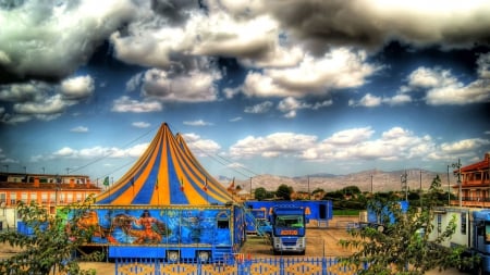 setting up a circus in valancia spain hdr - clouds, town, hdr, lot, parking, tent, circus