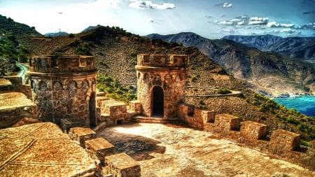 turrets of a castle in catagena spain hdr - mountains, road, turrets, castle, sea, hdr