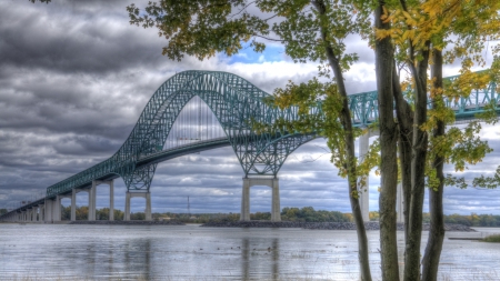 lovely bridge in trois rivieres in quebec canada hdr - clouds, river, trees, hdr, arc, bridge