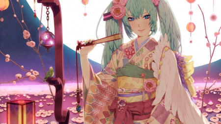 Hatsune Miku - blush, fan, vocaloid, long hair, nice, lovely, moon, smile, kimono, blue eyes, hatsune miku, blue hair