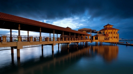 lovely pier with a tiled roof - roof, pier, clouds, tiles, bay