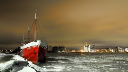 ship docked in a frozen harbor - frozen, ship, harbor, dock, night