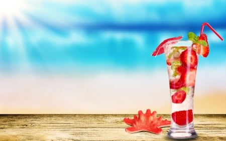 Delicious Strawberries - drink, glass, fruits, sea, sand