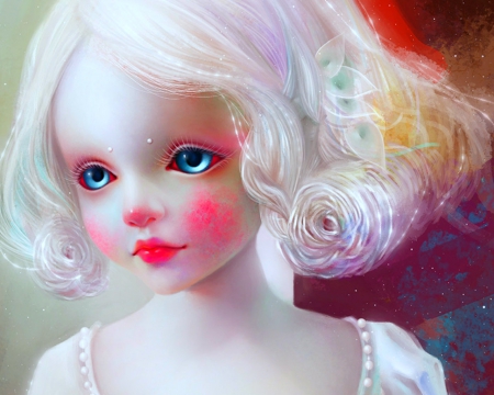 Doll - face, white, doll, fantasy, cute, white hair, blue eyes, girl