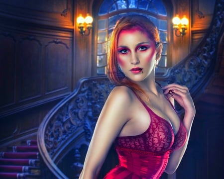 Your vampire - vampire, stairs, red, woman