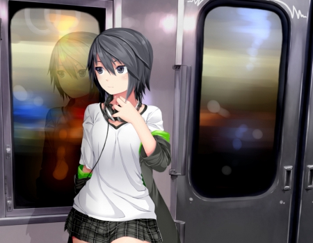 Loneliness - anime, anime girl, female, skirt, hot, girl, light, reflection, short hair, glow, shirt, headphones, black hair, cute, sparks, sexy