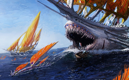 Shark's Ship - mouth, hunting, sailship, teeth