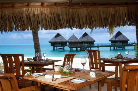 Bora Bora Beach Resort - white, restaurant, water, sea, cabins, sand