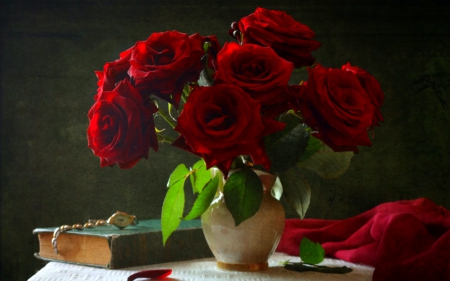 Still life - flowers, red rose, still life, book