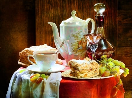 Tea time - table arrangement, photo, porcelaine, plates, fruits, abstract, kettle, tea, still life, sweet, tasty, drink, grapes, time, cookies, cup, glass