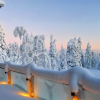 terrace on a log cabin lodge in winter