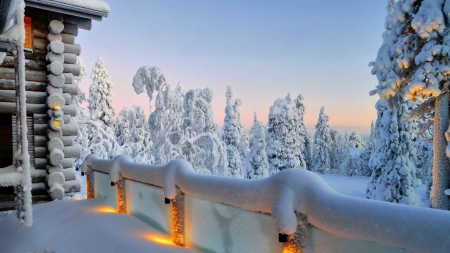 terrace on a log cabin lodge in winter - forest, wallpaper, popular, winter, terrace, snow-covered cabin, log, cabin, forests, trees, lodge, nature, snow