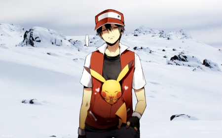 Ash - hat, male, boy, pokemon, cute, snow, ash, brown hair