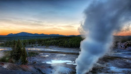 wonderful hot springs in yellowstone hdr - sundown, forest, mountain, hdr, stea, hot springs