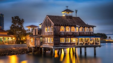 wonderful restaurant on stilts in san diego gdr - beach, photography, coast, wood, home, architecture, hdr, exterior, outdoor, stilts, facilities, houses, shack, love four seasons, restaurant, beautiful houses, city, sea, lights