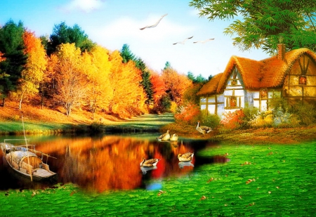 Fiery autumn - quiet, grass, reflection, calmness, countryside, swans, shore, lake, nice, mix, art, cottage, sky, clouds, house, trees, water, beautiful, pond, lovely, rustic, village, autumn, painting, serenity, fiery, peaceful, rural