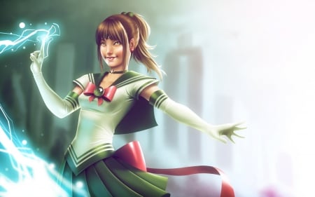 Sailor Jupiter - female, anime girl, unifrom, brown hair, cool, pony tail, lighting, anime, sailor jupiter