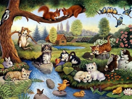 Adorable animals - pond, beautiful, dog, tree, cute, cats, ducks, art, squirrel