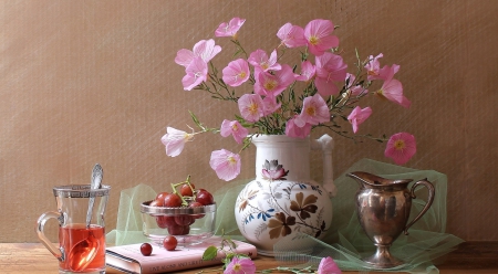 * Still life * - tea, grapes, tender, flowers, pink flowers, book, still life, cup