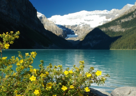 Lake Louise, Canada - alberta, sky, clouds, mountains, flowers