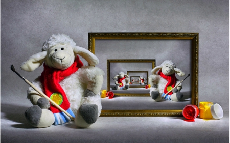 Still life - paint, sheep, frame, toys, still life