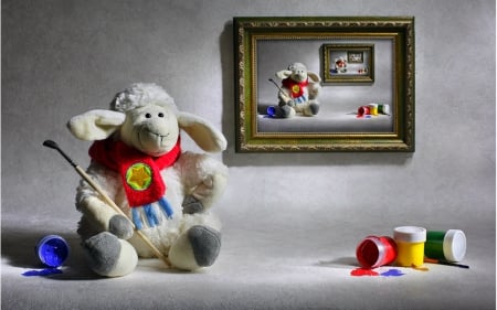 Still life - frame, sheep, paint, still life, toys