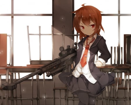 A Sniper - nice, skirt, a sniper, school, lovey, anime girl, unifrom, brown hair, class, tie, short hair