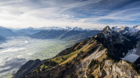 awesome view of a huge valley - valley, towns, river, clouds, fog, mountains