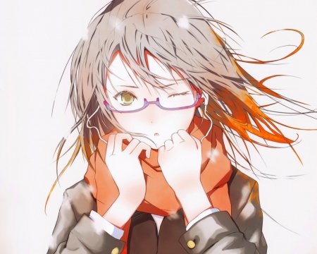 Fuyuno Haruaki - glasses, scrf, wind, ear phones, brown hair, unifrom, white background, wink, blush, fuyuno haruki