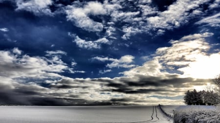 fabulous winter sky hdr - sky, clouds, winter, tracks, field