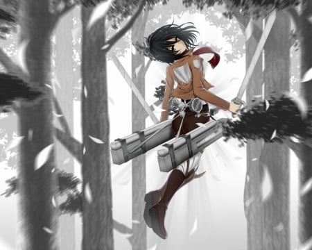 Mikasa Acherman - nice, feathers, warrior, anime girl, lovely, black hair, mikasa acherman, cool, sword, short hair, jump