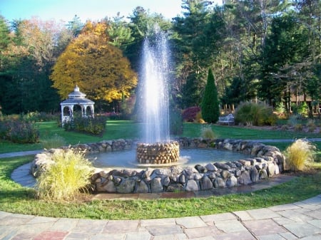 Early Autumn - nature, fountain, autumn, park garden, gazebo