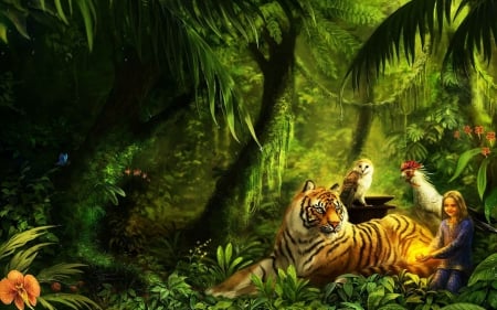 Tiger and Friends - child, trees, owl, cock, jungle