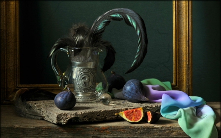 Still life - fruit, feathers, still life, jar