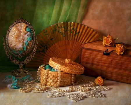 Still life - mirror, fan, pearl, basket, still life