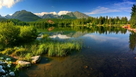 Lake in high Tatras-Slovakia - pretty, summer, Slovakia, grass, reflection, crystal, mountain, shore, cliffs, lake, nice, sky, beautiful, Tatras, mirrored, lovely, peaks, stones, nature, clear, chalet, rocks