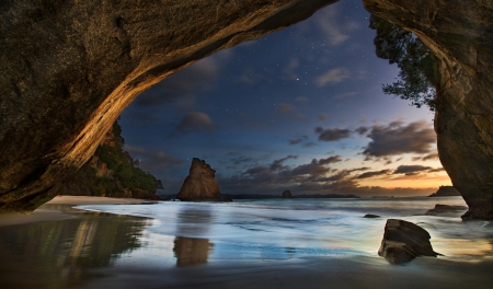 Cathedral Cove, Marine Reserve - ocean, landscape, new zealand, water, sunset, plants, rocks, peninsula, brown, clouds, blue, green, golden, starry night, cave