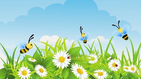 Busy Bees - lady bugs, sky, wild flowers, summer, daisy, chamomile, spring, ladybug, bees, flowers, garden, daisies, grass